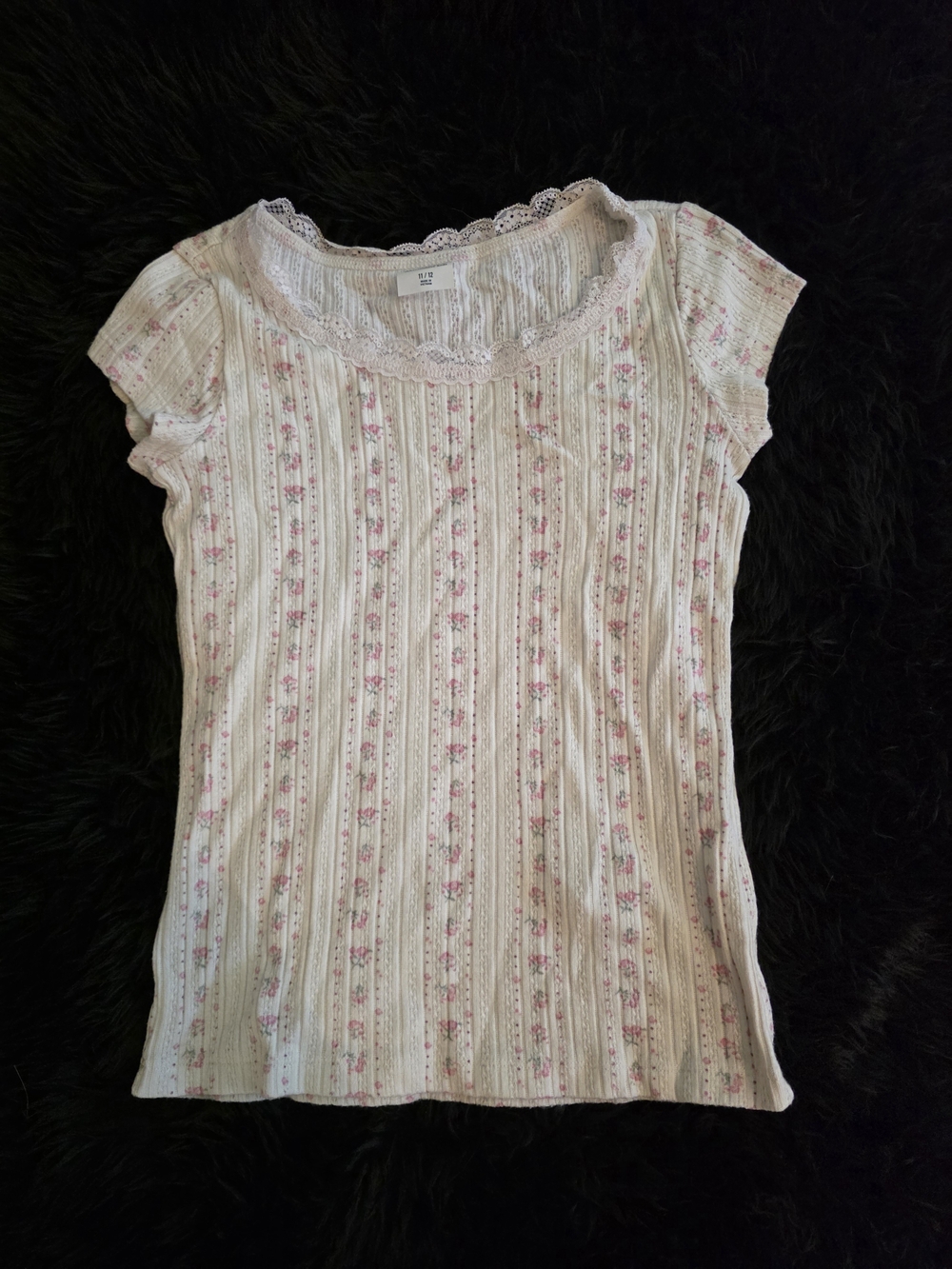 Abercrombie Kid's Cream Ribbed Floral Lace-Trim Tee